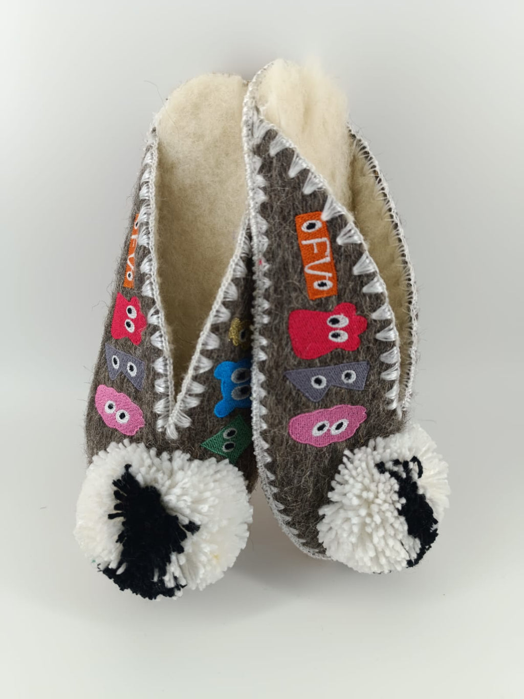 All Eyes On Feet | Women’s Handmade Wool Slippers | Colourful Embroidery & Pom Pom.