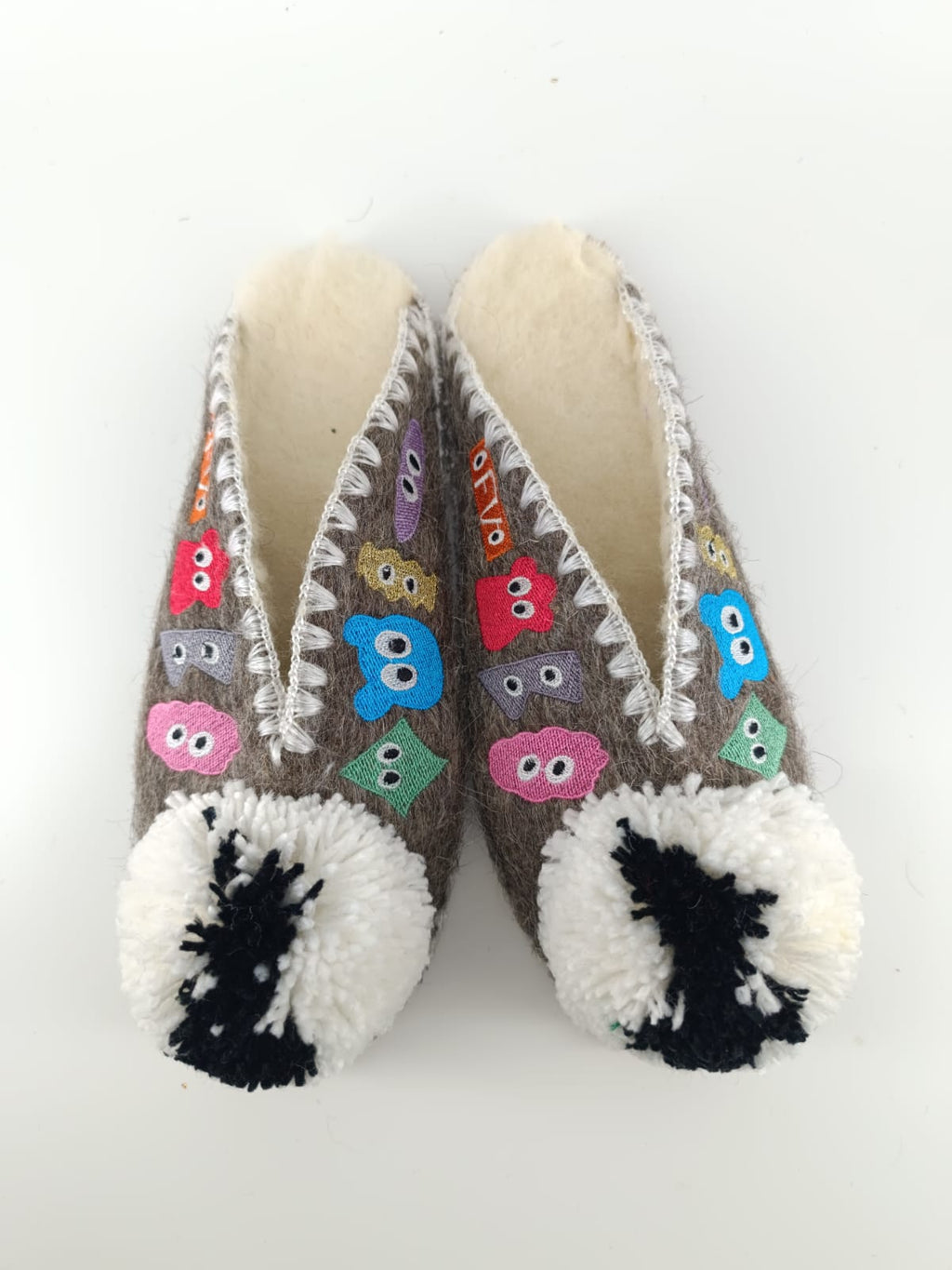 All Eyes On Feet | Women’s Handmade Wool Slippers | Colourful Embroidery & Pom Pom
