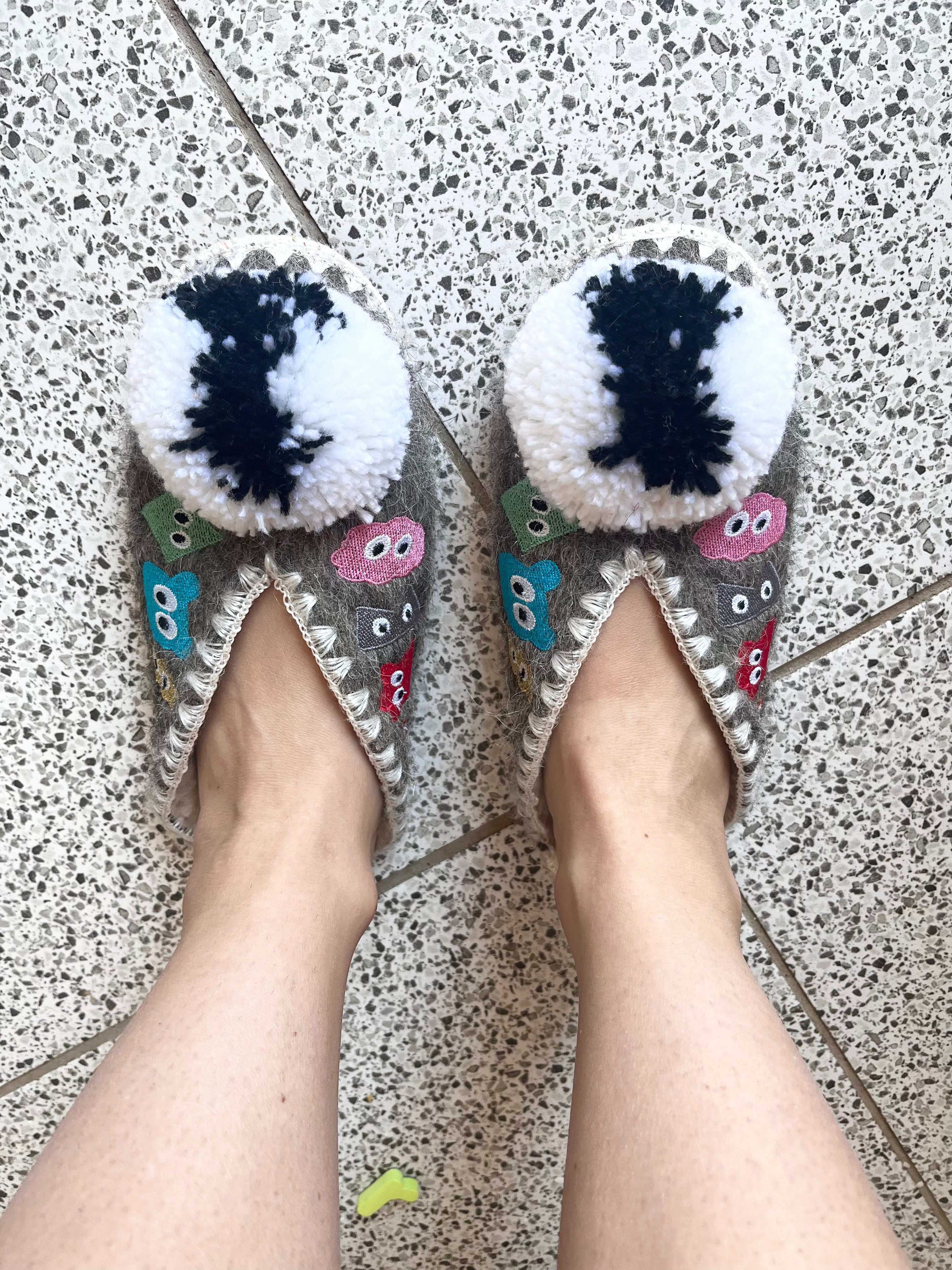 Pair of cartoonish shoes with pom-poms on a speckled floor.