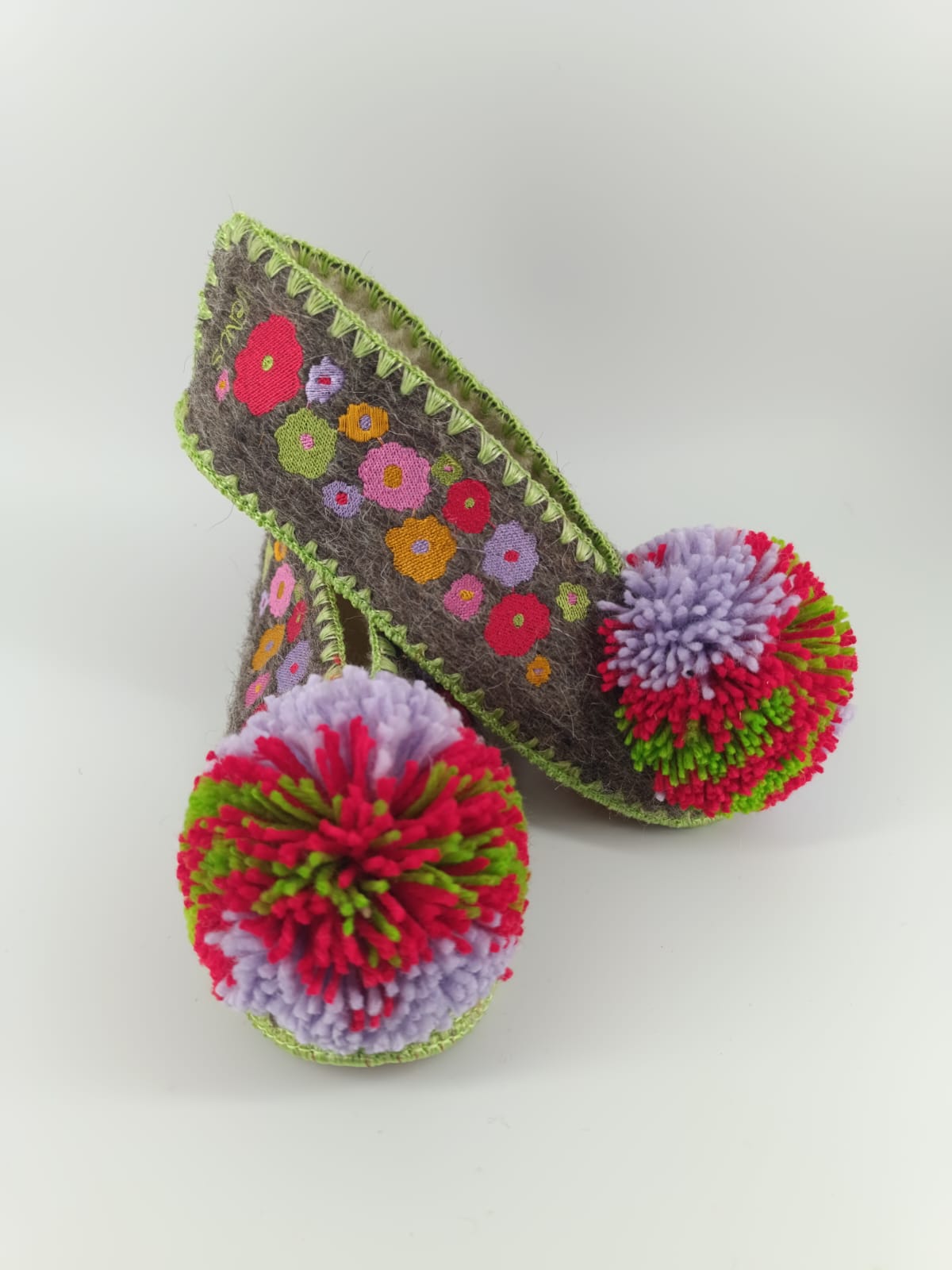 Electro Pop | Women's Handmade Wool Slippers | Colourful Embroidery & Pom Pom