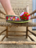 Electro Pop | Women's Handmade Wool Slippers | Colourful Embroidery & Pom Pom on model