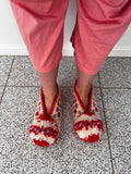 Model wearing Pretty In Red floral wool women's slippers