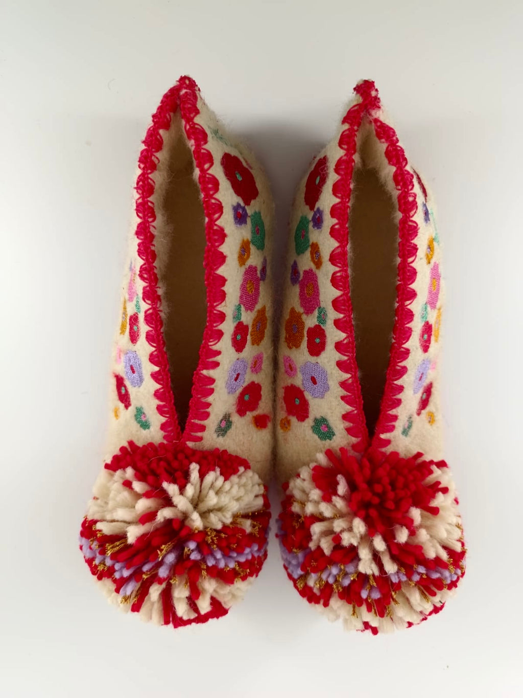 Pretty In Red | Women's Handmade Wool Slippers | Colourful Embroidery.