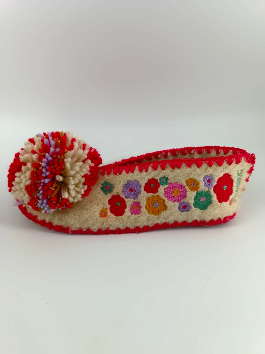Pretty In Red | Women's Handmade Wool Slippers | Colourful Embroidery & Pom Pom