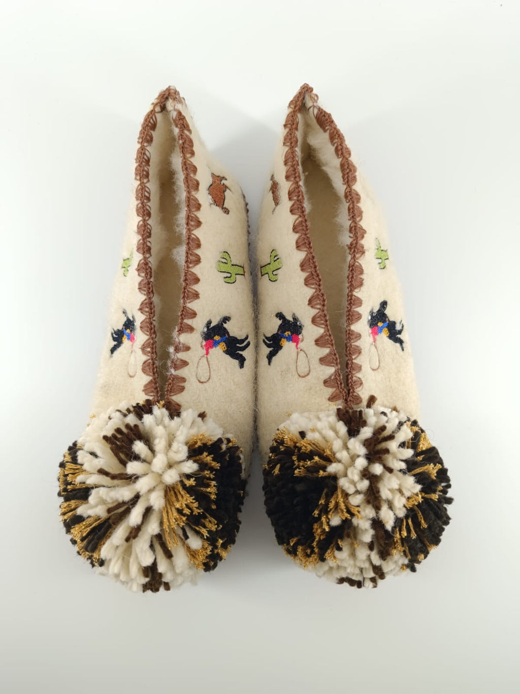 Prickly Pair | Women’s Handmade Wool Slippers | Fun Embroidery & Pom Pom