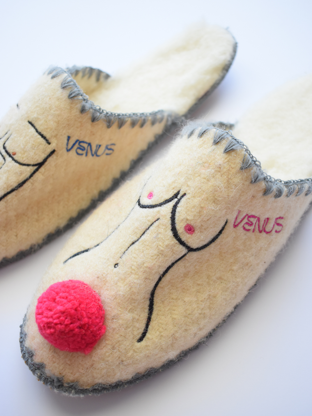 Wo-Man | Men & Women’s Handmade Wool Slippers | Fun Embroidery & Pom Pom..