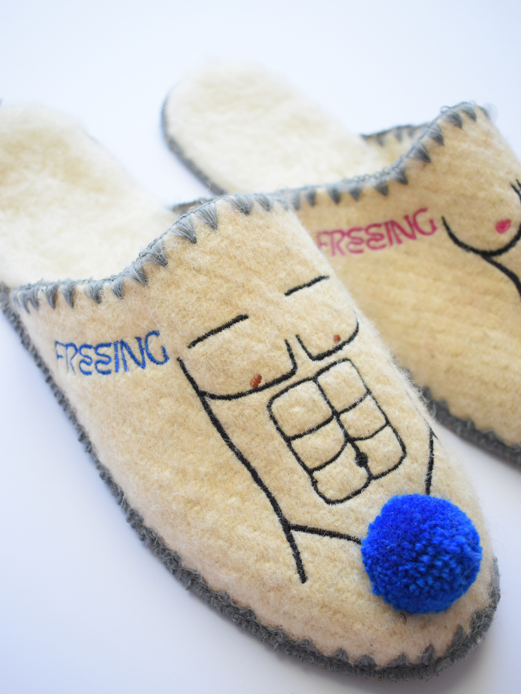 Wo-Man | Men & Women’s Handmade Wool Slippers | Fun Embroidery & Pom Pom.