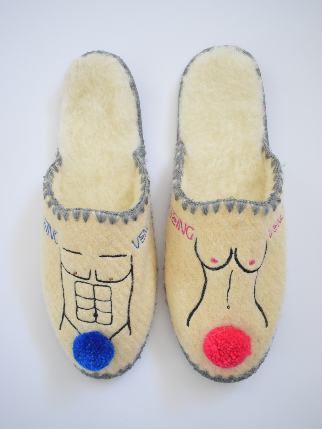 Wo-Man | Men & Women’s Handmade Wool Slippers | Fun Embroidery & Pom Pom
